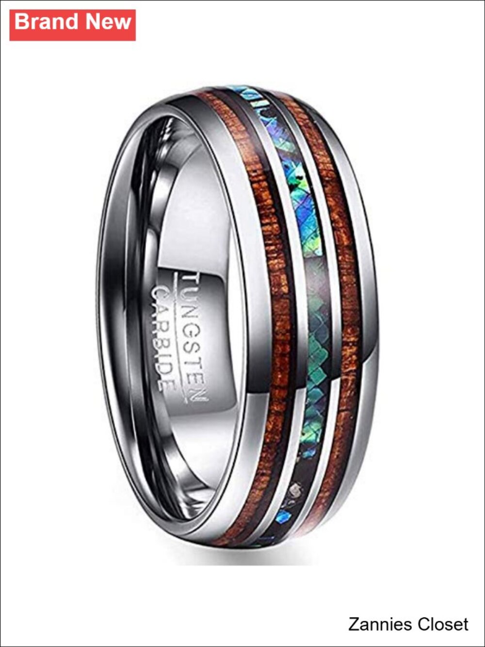 💍 Vakki Men's Tungsten Carbide Wood & Abalone Shell Inlay Wedding Band Ring